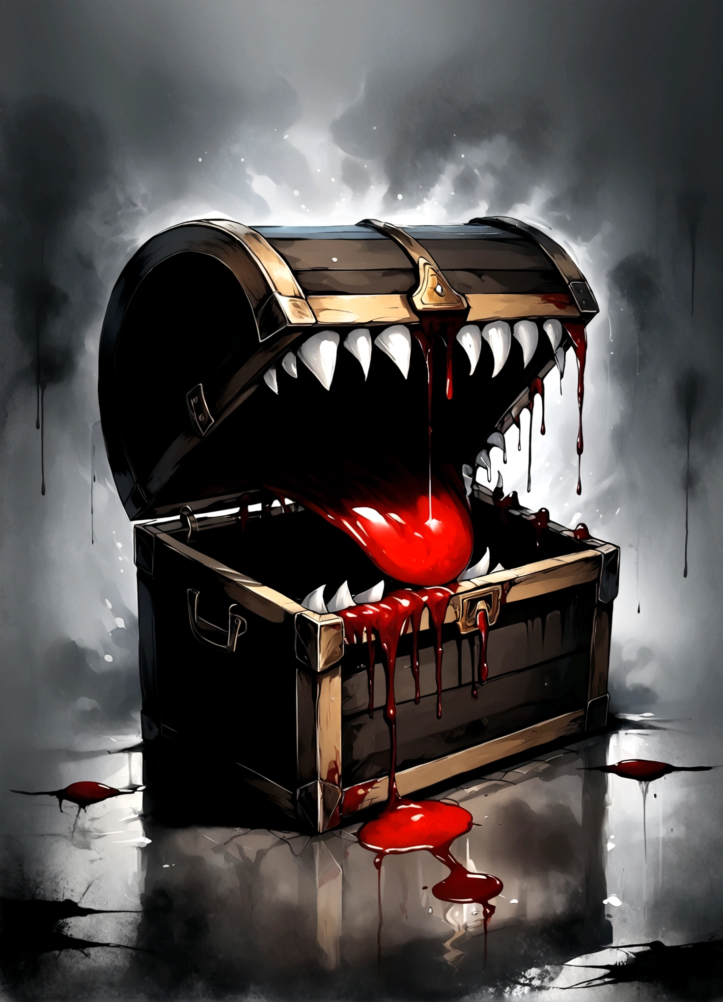 Draw a scene where a mimic chest is placed in a dimly lit place,(((mimic chest)),There are many fangs in the mouth of the box.,(There are blood stains on the surface of the box),Add artistic effects to your background,Place vengeful spirits around you who are twitching with fear.,The vengeful spirits are drawn in white, crying black tears.,White whirlpool heading upwards,black mist,splash blood,decadently,fear,scream,suspicious,decadently,Blur in some places to express artistically