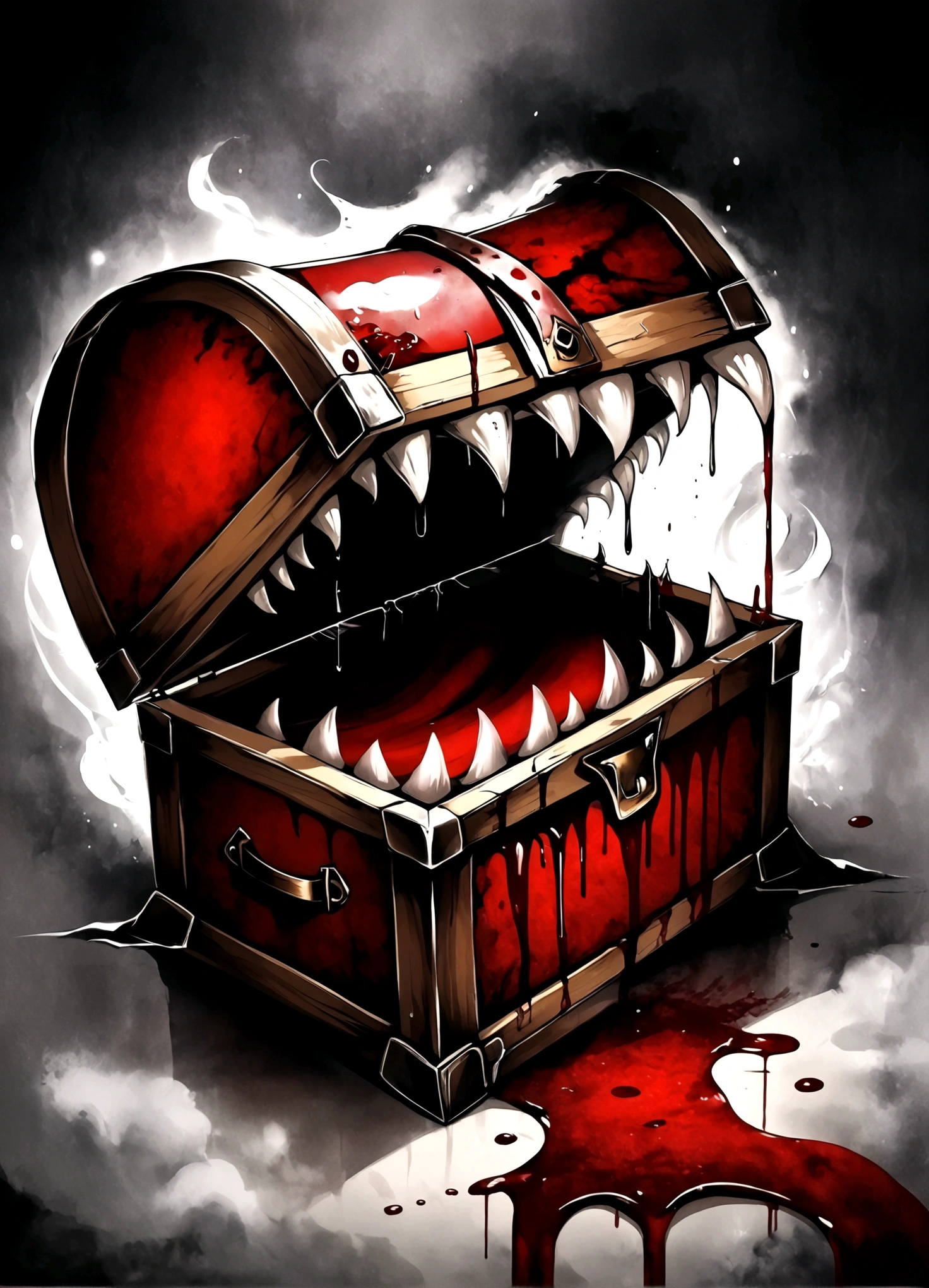 Draw a scene where a mimic chest is placed in a dimly lit place,(((mimic chest)),There are many fangs in the mouth of the box.,(There are blood stains on the surface of the box),Add artistic effects to your background,Place vengeful spirits around you who are twitching with fear.,The vengeful spirits are drawn in white, crying black tears.,White whirlpool heading upwards,black mist,splash blood,decadently,fear,scream,suspicious,decadently,Blur in some places to express artistically