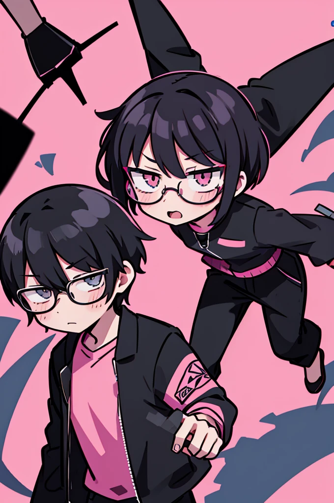 black pants, Sharp image, man, Black hair with pink ends, wearing a pink jacket. , has a dull, bored face, wears round glasses, has short, neat hair,