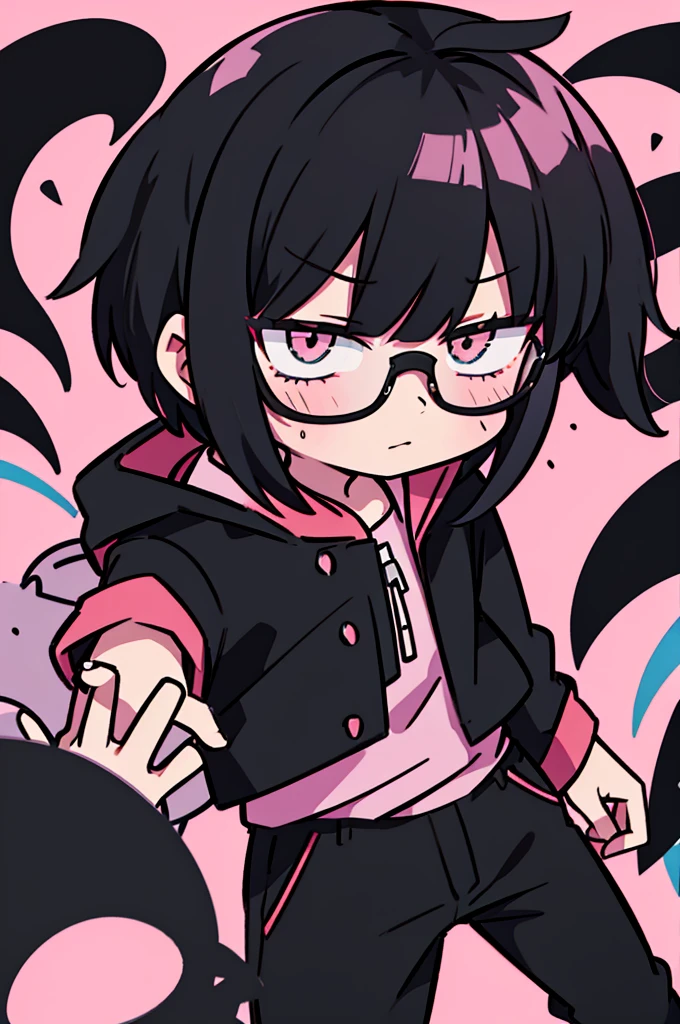 black pants, Sharp image, man, Black hair with pink ends, wearing a pink jacket. , has a dull, bored face, wears round glasses, has short, neat hair,