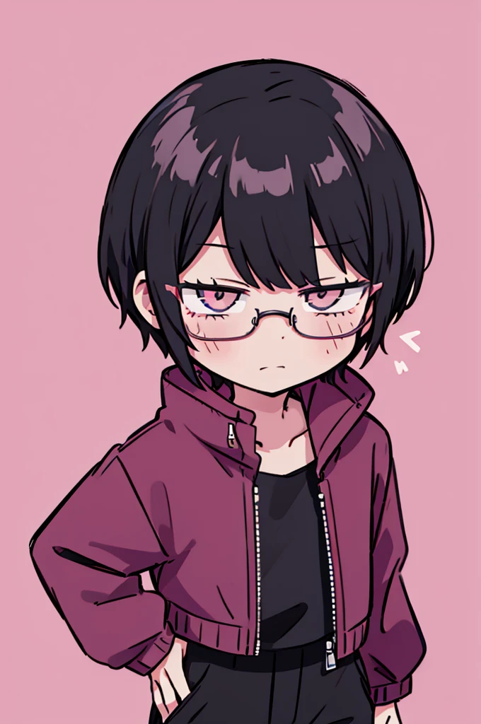 black pants, Sharp image, man, Black hair with pink ends, wearing a pink jacket. , has a dull, bored face, wears round glasses, has short, neat hair,