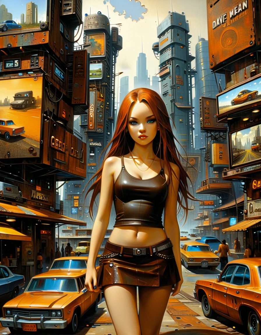 Future sexy girl long hair in a futuristic city.1.5, rusty metal city, lots of details, cars, buildings, billboards, leather miniskirt and very tight tank top, (Dave Mckean inspired art, intricate details, oil painting)