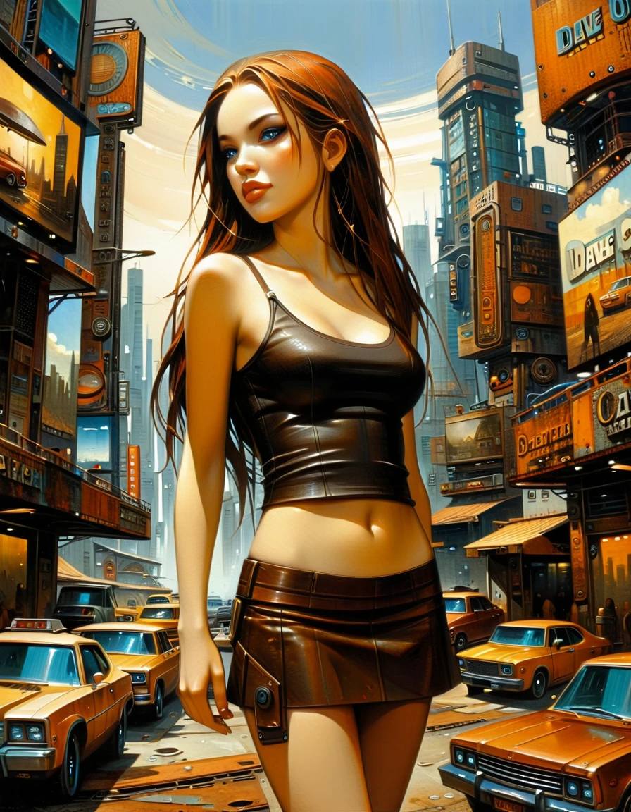 Future sexy girl long hair in a futuristic city.1.5, rusty metal city, lots of details, cars, buildings, billboards, leather miniskirt and very tight tank top, (Dave Mckean inspired art, intricate details, oil painting)