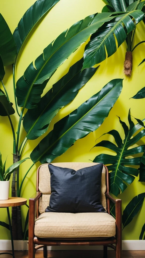 Beautiful Persian woman in the bikini at the beach, model posing,Brightly colored tattoos on arms and legs,a black chair in front of a palm leaf wall mural, tropical palms, palm leaves on the beach, palm lines, palm, tropical leaves, fronds, palm pattern visible, palms, photo - realistic wallpaper, wall mural, interior background, wallpaper on the walls, wallpaper design, palm tree, high-quality wallpaper, tropical foliage, tropical mood, tropical trees,