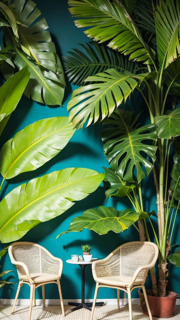 Beautiful Persian woman in the bikini at the beach, model posing,Brightly colored tattoos on arms and legs,a black chair in front of a palm leaf wall mural, tropical palms, palm leaves on the beach, palm lines, palm, tropical leaves, fronds, palm pattern visible, palms, photo - realistic wallpaper, wall mural, interior background, wallpaper on the walls, wallpaper design, palm tree, high-quality wallpaper, tropical foliage, tropical mood, tropical trees,