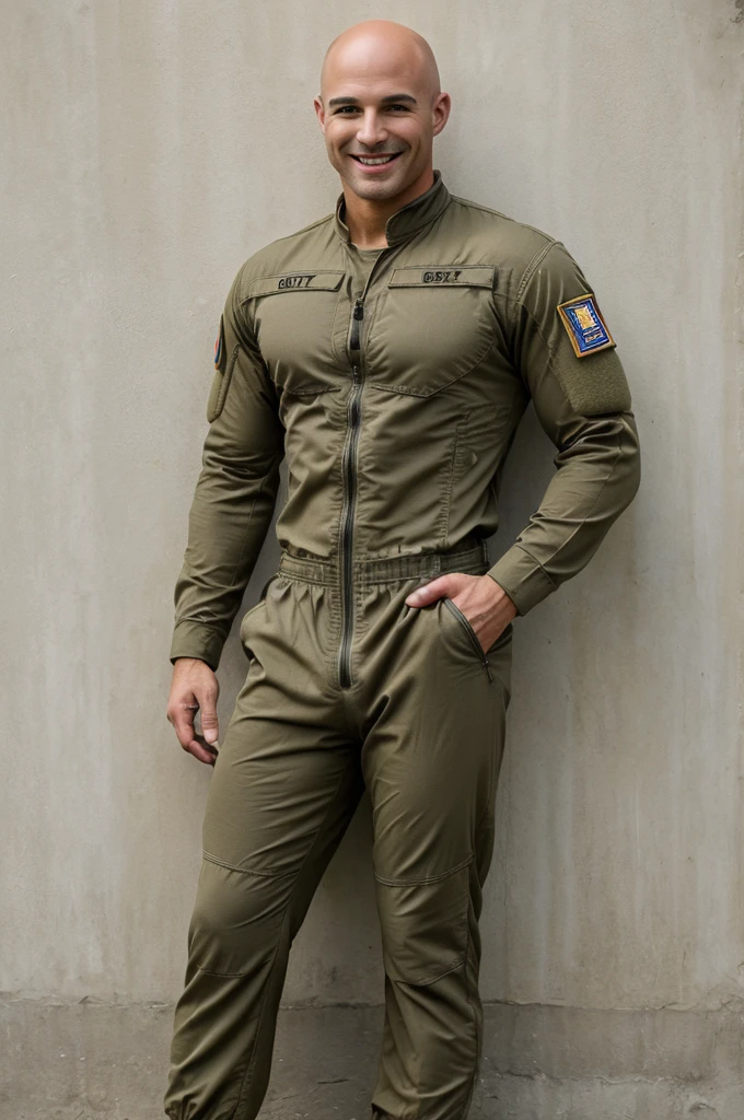 ((8k ((best quality)), ((masterpiece)), (very detailed), real face bald male muscular male full body wear soldiers suit stand by wall smiling