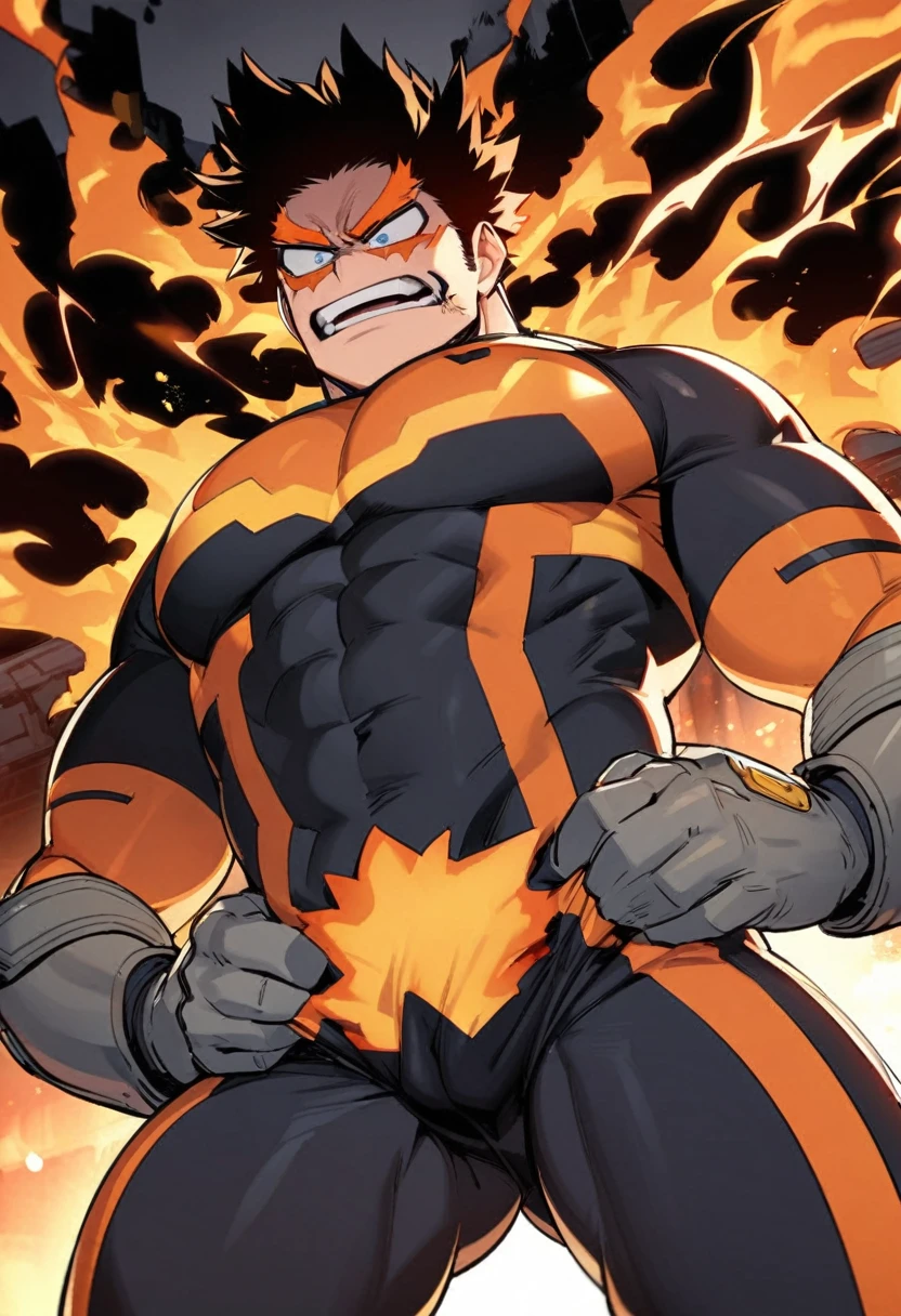 Endeavor, my hero academia, from front, super fine, bodysuits, middle-aged man, hunk, looking down and mouth wide open with shocked face, crotch grab, crotch squeeze,