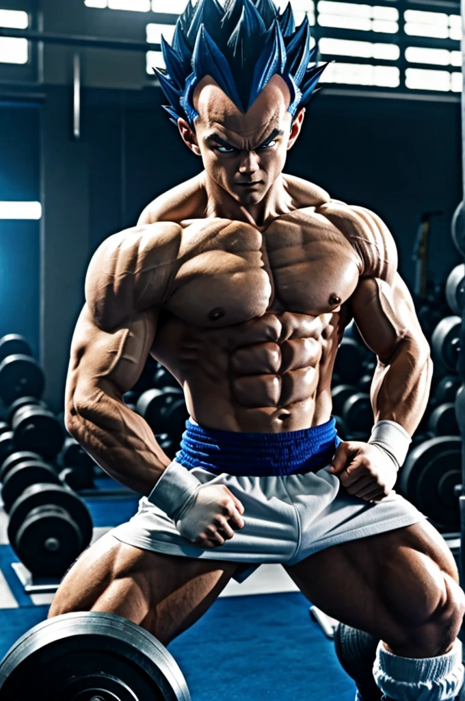 Vegeta from dragon ball doing weights in the.gym, in dragon ball anime mode