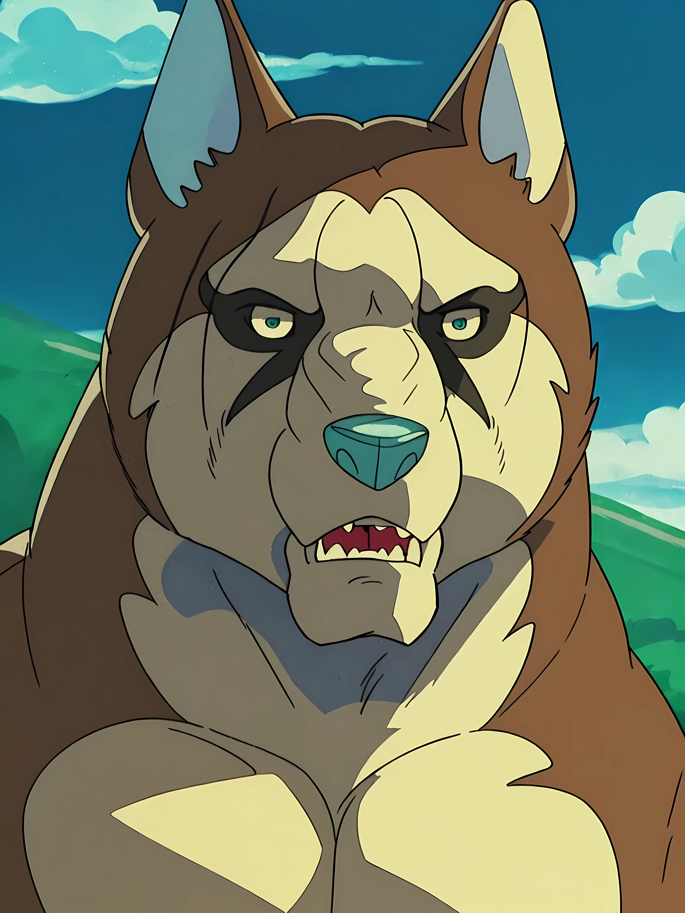 hakurou (ginga), turquoise nose, scars on face, black markings around eyes, male, masculine, feral:1.1, quadruped, muscular, pectorals, detailed, high quality, best resolution, solo, posing, by wfa, by seibear, by rossciaco, by taran fiddler, by echin:0.5, cel shaded, proud, looking at viewer,