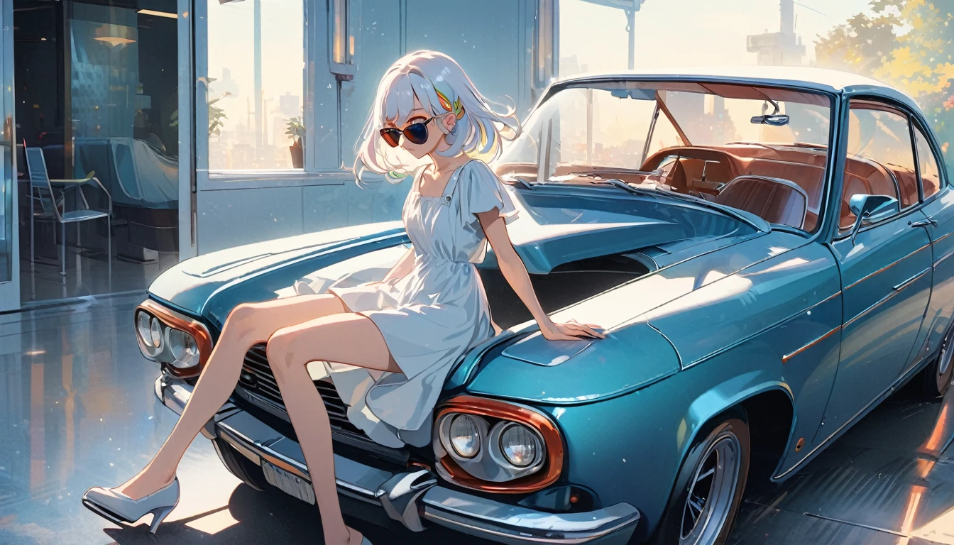 Handsome cute, Solitary, 1 female, Medium Length Hair, white hair, Rainbow hair, sunglasses eyes, Rainbow headphone, dress, Futuristic, in the morning, looking away, retro car. Bare legs