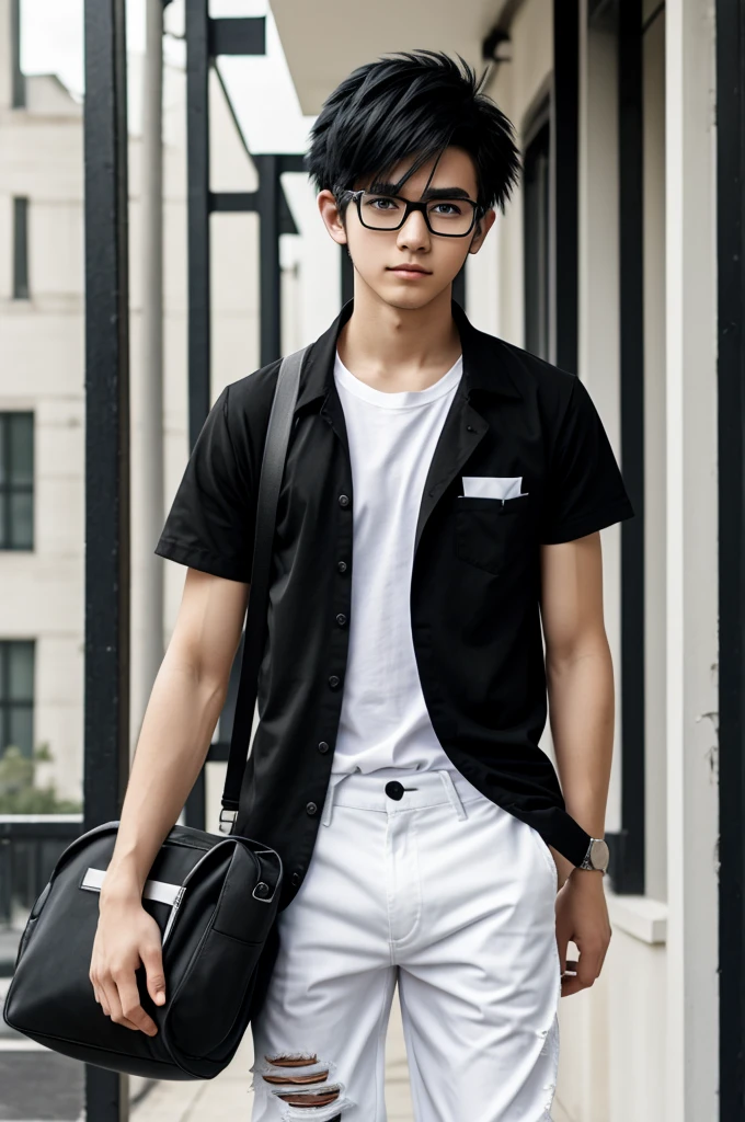 anime boy , black cat-eared hair, wearing black glasses, white school shirt, torn black pants 
