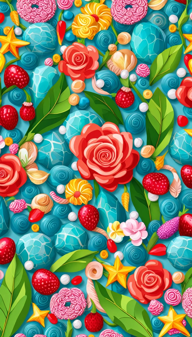 Seas of ((Colorful FEATHER)) (ALOT OF CANDY) In the ((((BLUE BACKGROUND)))) — ocean breeze, sun-bleached driftwood, and a touch of salty sea air. ((GOLDEN stars)) colorful BERRIES, ((WHITE SWEET)) jewels, ((COLORFUL butterfly)), ((GREEN LEAFY FLORA)), (strawberry), BLUE rose, cherry || (embroidery) seamless pattern, fruit, butterfly, diamond, pearls, Best quality, masterpiece, ultra high res, (photo realistic:1.4), surrealism, dream-like, ((abstract art)), vector arts, ((ROSE JEWEL)) a close up of a CANDY pattern, CANDY wallpaper, ornate CANDY, CANDY pattern, CANDY explosion, CANDY! intricate, CANDY JEWELs colorful, chinoiserie pattern, VECTOR wallpaper, CANDY renewal, with colorful JEWELs and plants, CANDY dream, garden JEWELs pattern, CANDY patterned skin, CANDY design, CANDY motives, boho CANDY vines, (8k, RAW photo, best quality, masterpiece:1.2, Sharp image, vector) In the ((((BLUE BACKGROUND))))