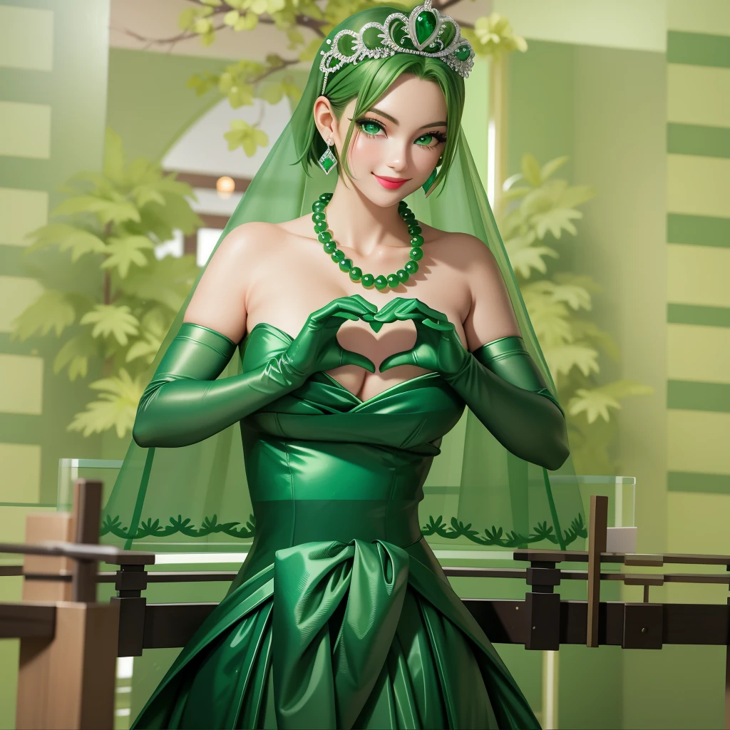 Emerald tiara, Green Pearl Necklace, ボーイッシュな非常に短いGreen Hair, Green Lips, Smiling Japanese woman, Very short hair, Busty beautiful lady, Green Eyes, Green satin long gloves, Green Eyes, Emerald Earrings, Green veil, Heart with both hands, Green Hair, Beautiful Japanese Woman, Heart shaped hands:1.3, green lip gloss