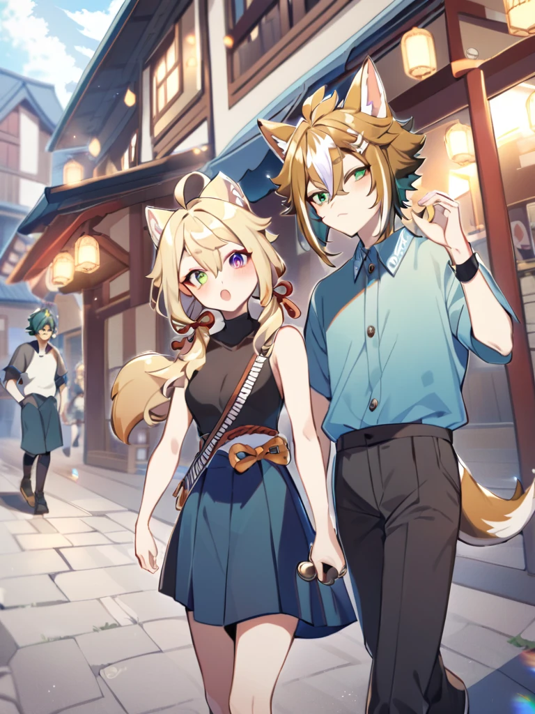 1 boyfriend, one girl,Gorou Genshin impact, walks down the street, Goro looks at the girl fox,1girl, :o, ahoge, animal ear fluff, animal ears, bangs, bare shoulders, blonde hair,  fox girl, fox tail, green eyes, hair ribbon, heterochromia, holding, long hair,Two people on art, Goro and a fox girl,A fox girl with long yellow hair tied in two ponytails 