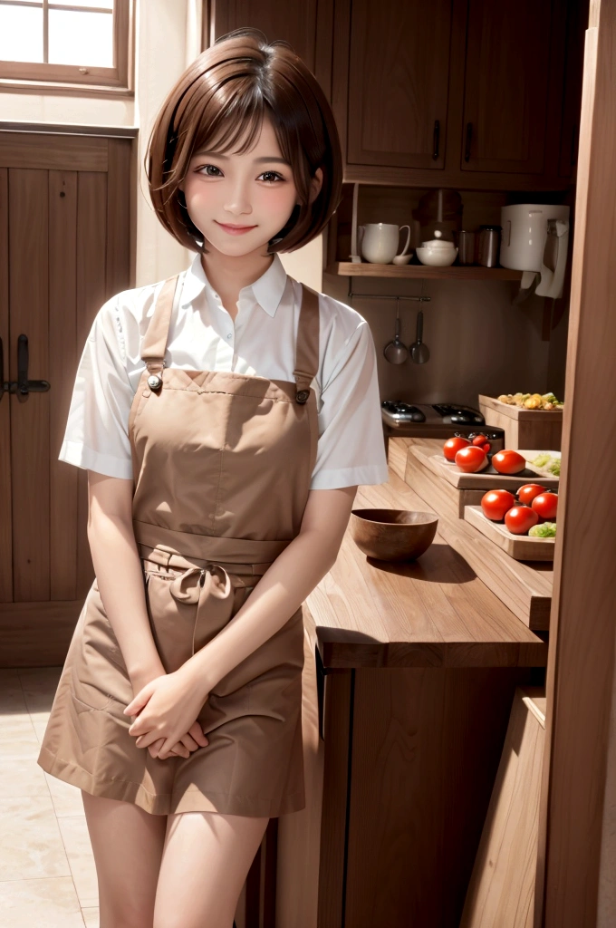 1woman, idol, short hair, bob cut, brown hair, brown eyes, kitchen, 15 years old, girl, 裸にエプロン、apron, smile, cut tomatoes