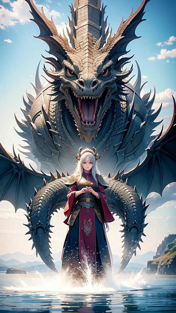 A girl touch the dragon head at the lake、the dragon kneel infront of her. Super hyper-realistic 8k photo, fantasy art design