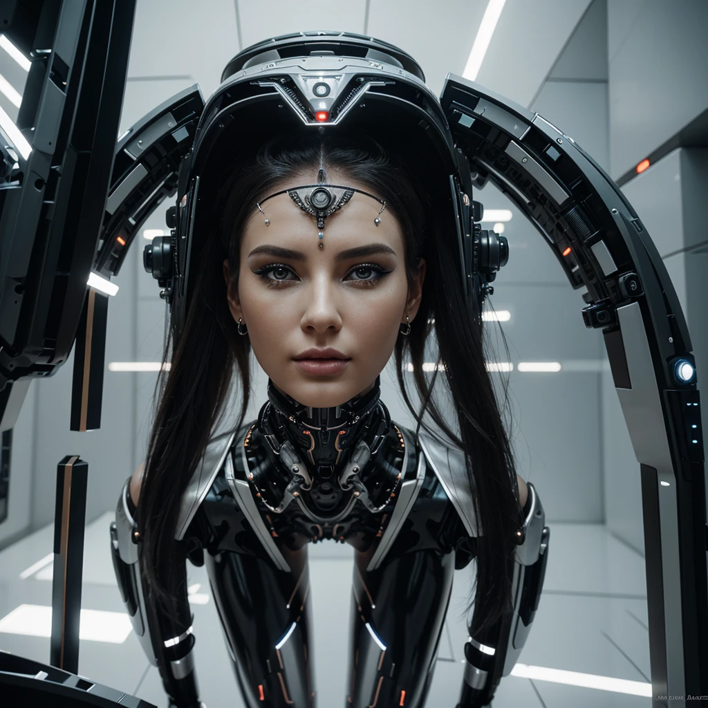woman in headdress, full length, seductive, very detailed visual portrait, futuristic робототехник, nice, extremely detailed shot of the goddess, beautiful cyborg girl, Jason Angle, keyframe, anthropomorphic _ Humanoid, futuristic, realistic and high quality. With a good and seductive figure and look