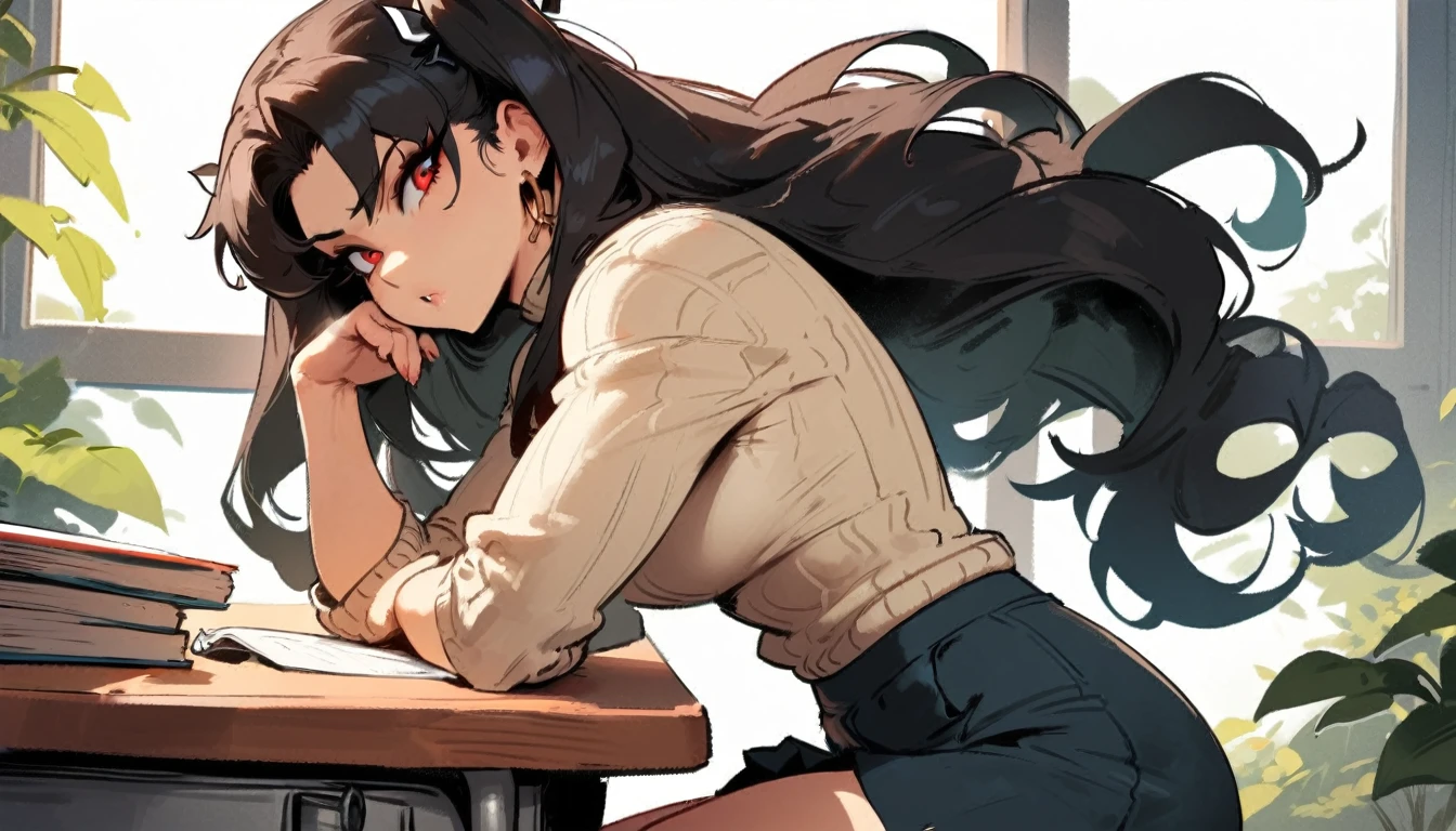 1girl, ishtar \(fate\), fate \(series\) \\\\\ masterpiece, best quality, very aesthetic, absurdres, newest \\\\\\ slim body,///// ,by nyantcha,cutesexyrobutts , by khyle,,////// beautiful face, sexy, red eyes, , at school, windows, greenery, sweater,skirt,at desk,side view