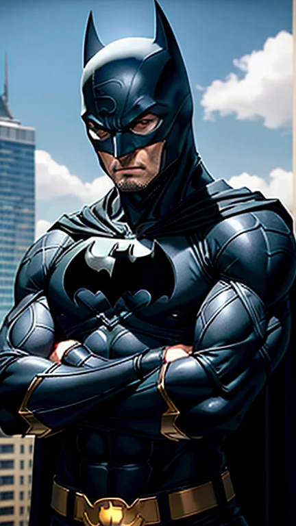 1boy, batman, abs, bara, black hair, blue bodysuit, blue eyes, bodysuit, cape,  gauntlet, helmet, mask, closed mouth, crossed arms, large pectorals, male focus, muscular, muscular male, pectoral lift, pectorals, black cape, short hair, outdoors, skyscrapers, solo, superhero, upper body , ((masterpiece))