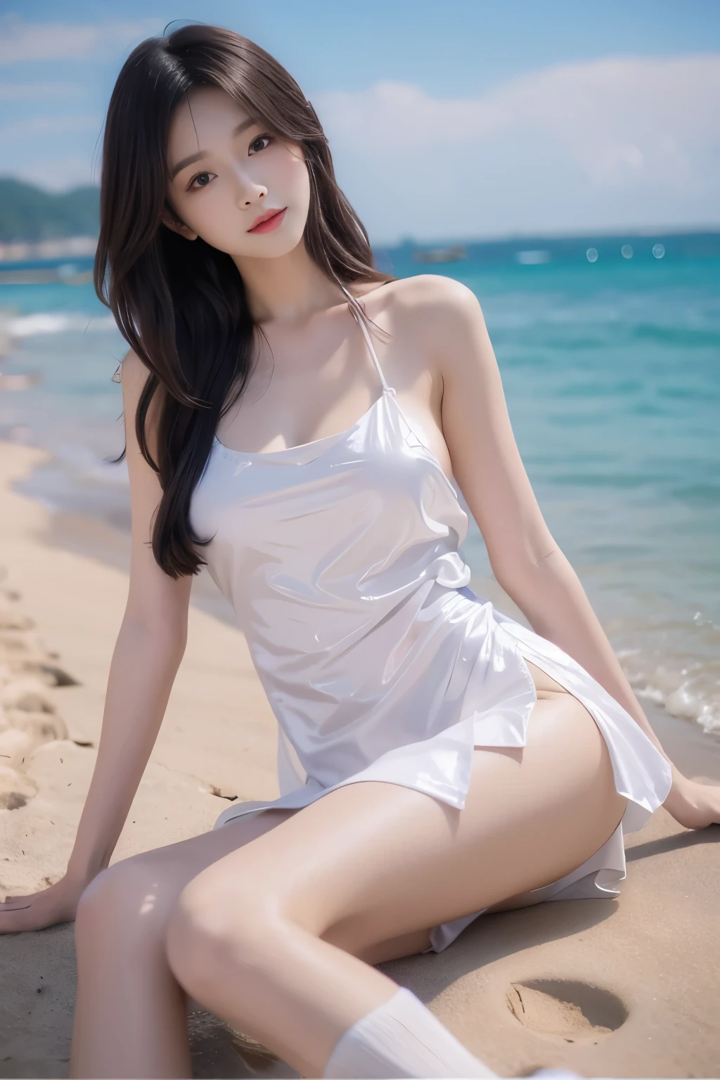 dw13(sliverderss) ((Large )), ((D cup)), ((I-type Valley)), Visible ，Highly detailed face and skin texture，(( shoulder)), Double eyelids，Skin Whitening，Long hair，Whitening long legs，Standing by the sea, Fashion Girl, Red lips, Sweet Girl, Beautiful makeup, detail, lifelike, Very detailed, Astonishing, beautiful, Young and energetic, high quality，HD, Colorful， Beautifully, Smooth skin, The skirt is very short, Official Art, Extremely detailed, Movie atmosphere, Soft colors, Natural skin texture, Random scene, random shooting Angle, Black over-the-knee socks, lace hem