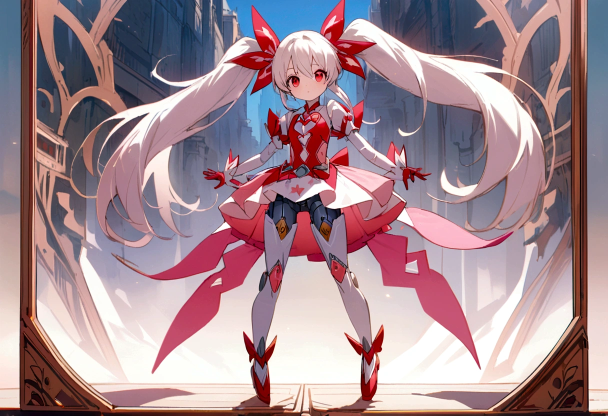 Robotic Magical girl, Long white hair styled in twintails, Red eyes, MEchanical robotic body, wearing a Magical girl outfit, full body in picture, turned towards viewer