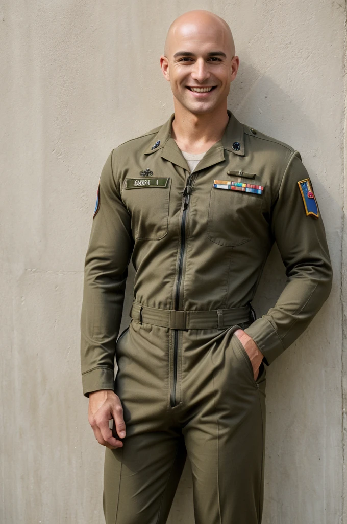 ((8k ((best quality)), ((masterpiece)), (very detailed), real face bald male muscular male full body wear soldiers suit  stand by wall  smiling