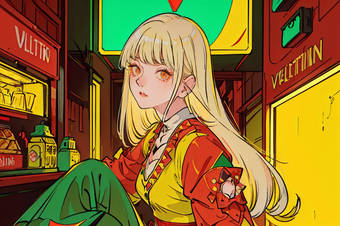 beatiful young korean woman with long ash blonde hair, in a 1950's mexican taco stand, ((neon lights green and yellow lights)), (((((high fashion red clothes in the style of Valentino))))), supermodel, model poses, masterpiece, eye level