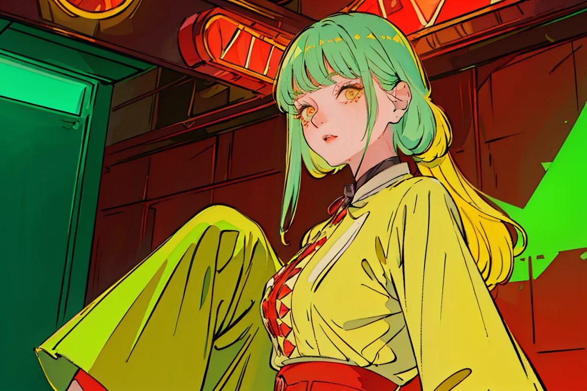 beatiful young korean woman with long ash blonde hair, in a 1950's mexican taco stand, ((neon lights green and yellow lights)), (((((high fashion red clothes in the style of Valentino))))), supermodel, model poses, masterpiece, eye level