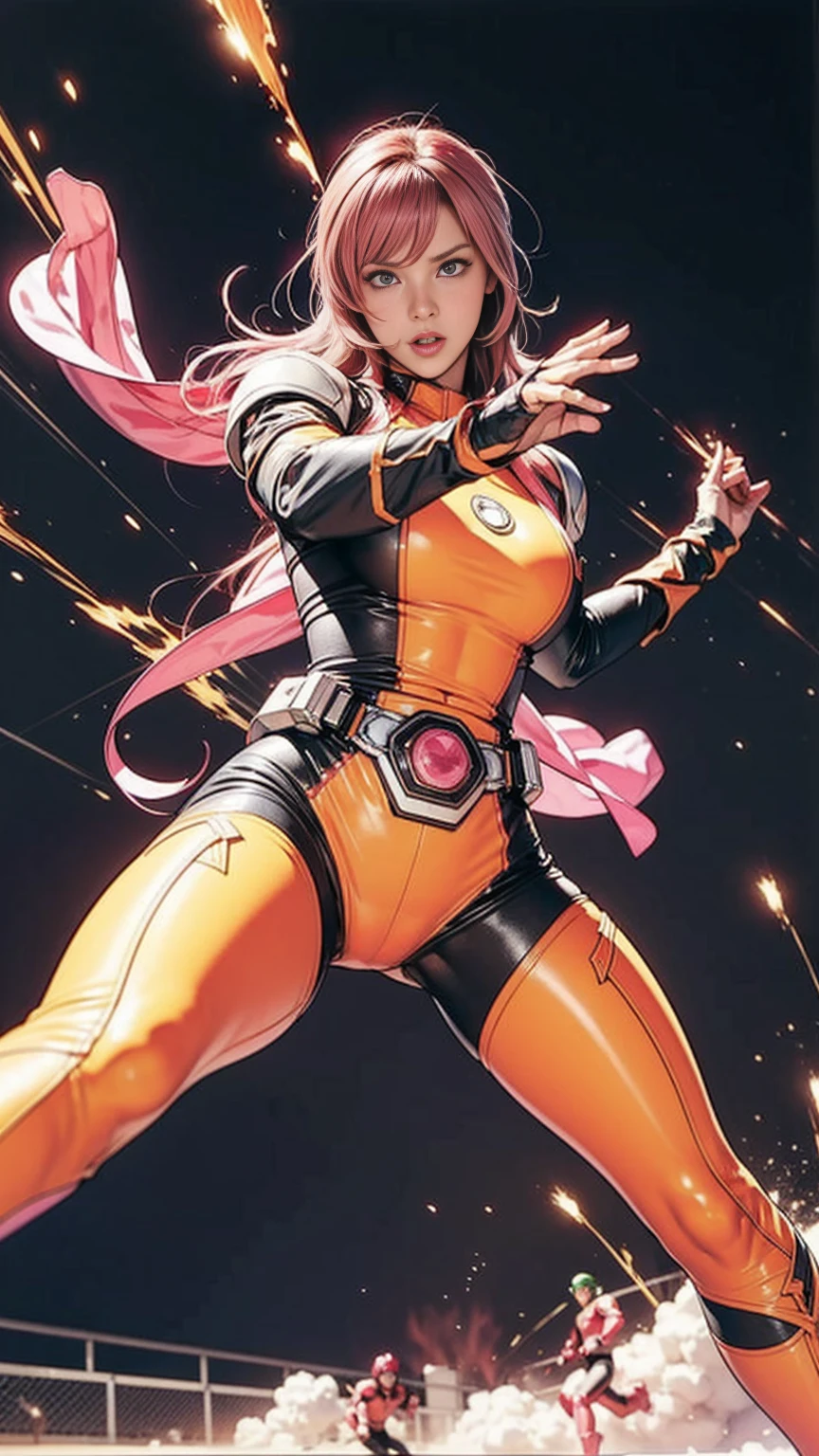 Solo, A brave and courageous image of a 6 member ranger team, Each one is decorated in vibrant colors such as:: ((Pink)), red is front of center, violet, Green, yellow, blue black, white,. Dynamic poses in a background that exudes energy and courage, neon, fire, plasma, Fluorescent, shocking, pink big bomber, splashing pink, running, fighting pose, action pose, Embodying the essence of the classic Sentai superhero team. Each Ranger:: The attire is sophisticated and modern, Each color has elements that reflect its theme., Ready for action. ((Camel Toe)), weapons, in sunset background , in cinematic lighting, cover art mixed cinema poster style,