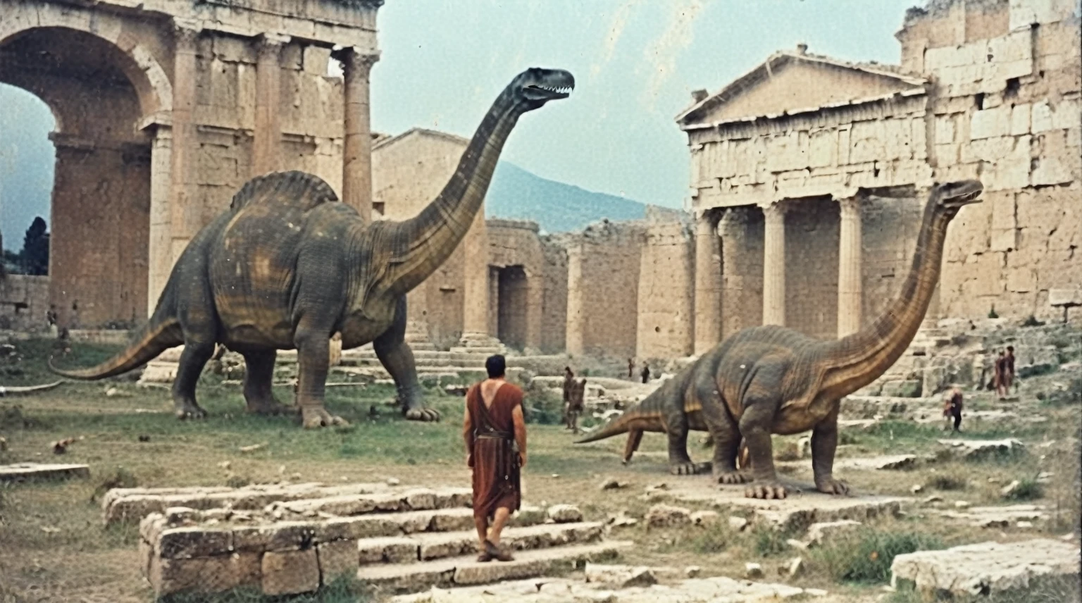 grainy old 35mm vintage, there is a large ancient roman city with dinosaurs and people, Ancient Greece Olympus Zeus-god appearing in god-ray, vast scenery