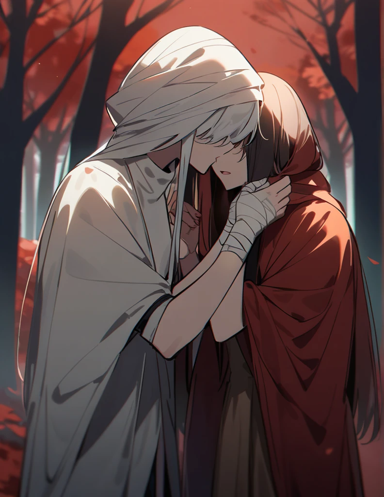 two hands holding each other, some bandaged and the other not with a red forest in the background