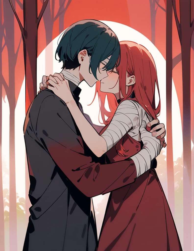 two hands holding each other, some bandaged and the other not with a red forest in the background