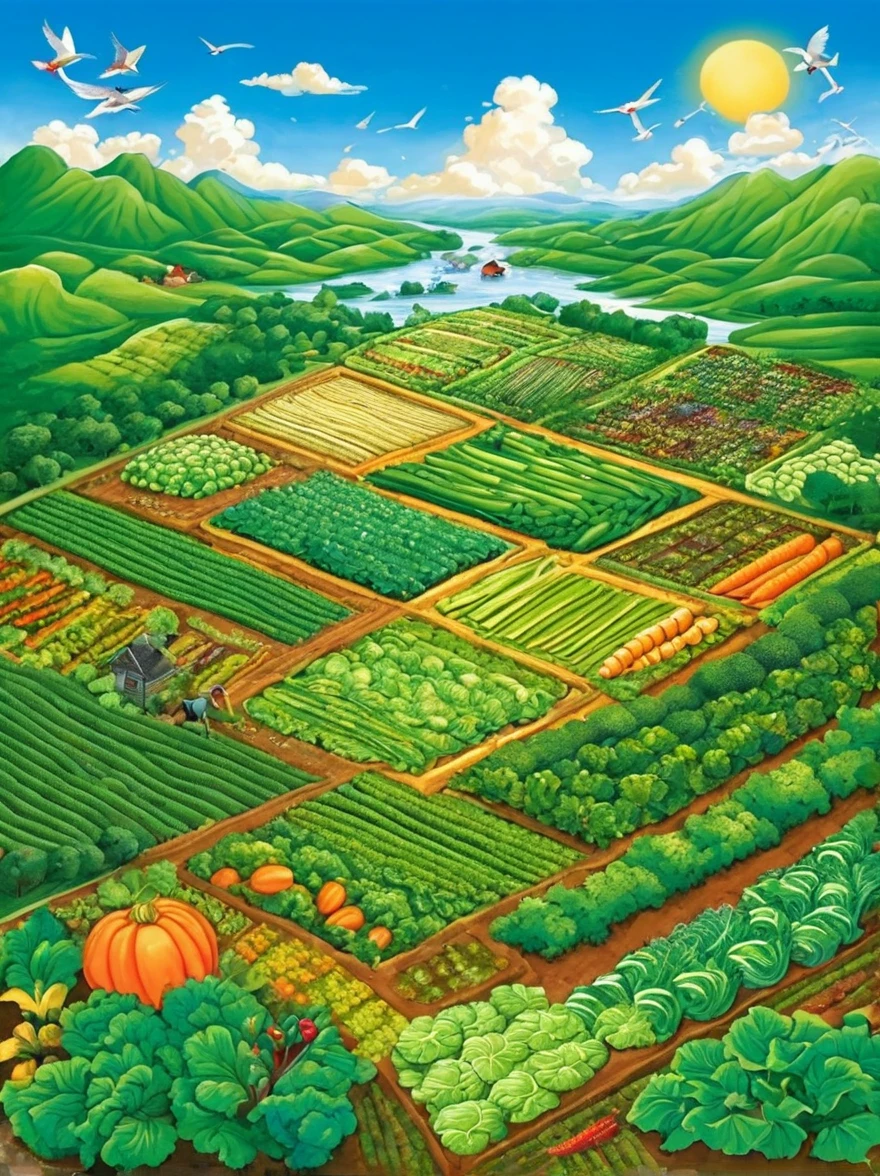Very detailed,There are vegetables on the land,carrot,Cabbage,There are several lands。,Birds circling in the sky