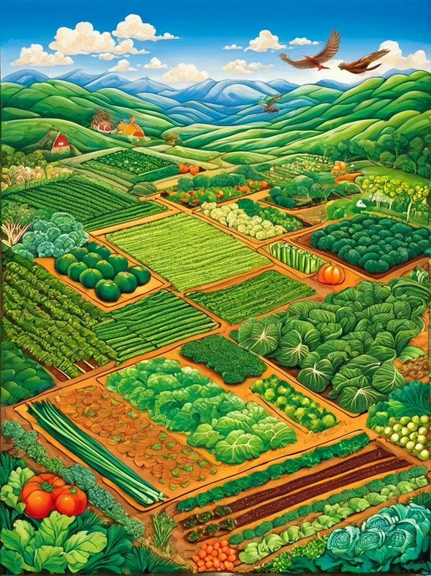 Very detailed,There are vegetables on the land,carrot,Cabbage,There are several lands。,Birds circling in the sky