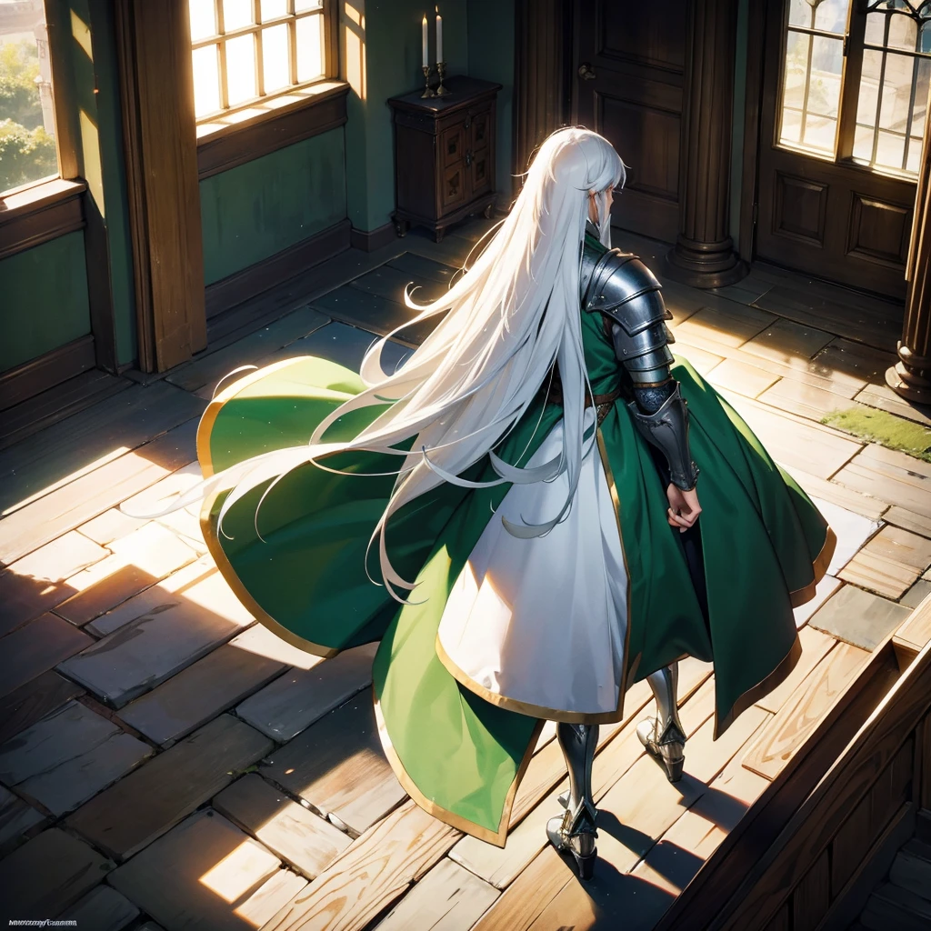 back view of a single long white haired armored prince in the castle. with green medieval outfit