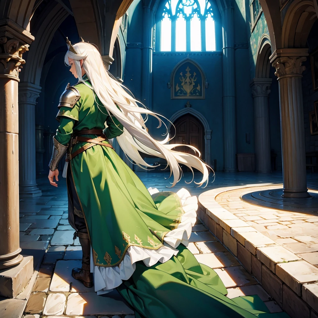 back view of a single long white haired armored prince in the castle. with green medieval outfit