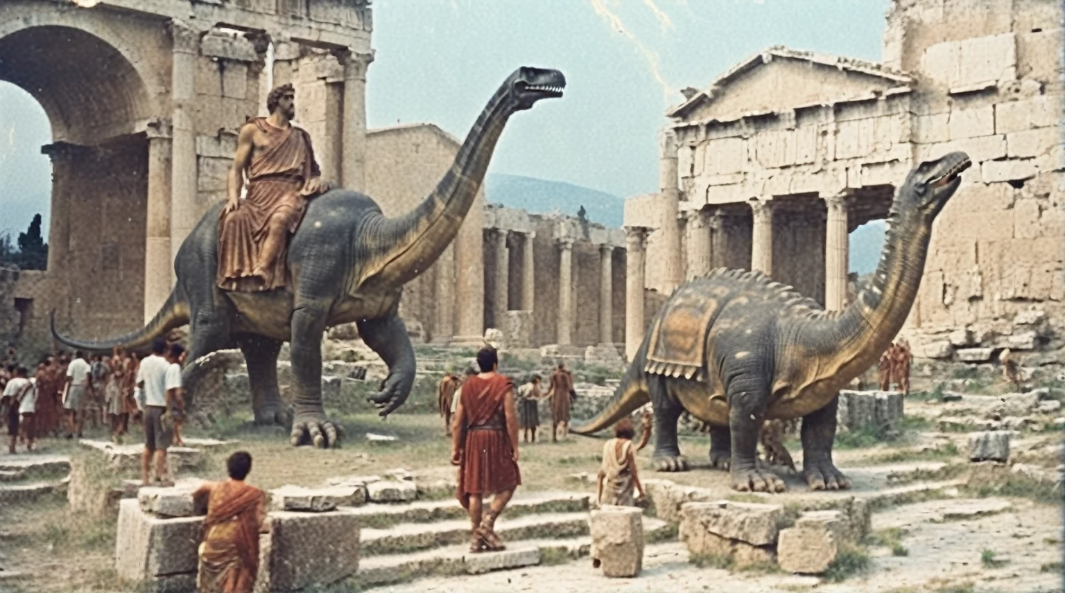 grainy old 35mm vintage, there is a large ancient roman city with dinosaurs and people, Ancient Greece Olympus Zeus-god appearing in god-ray, vast scenery