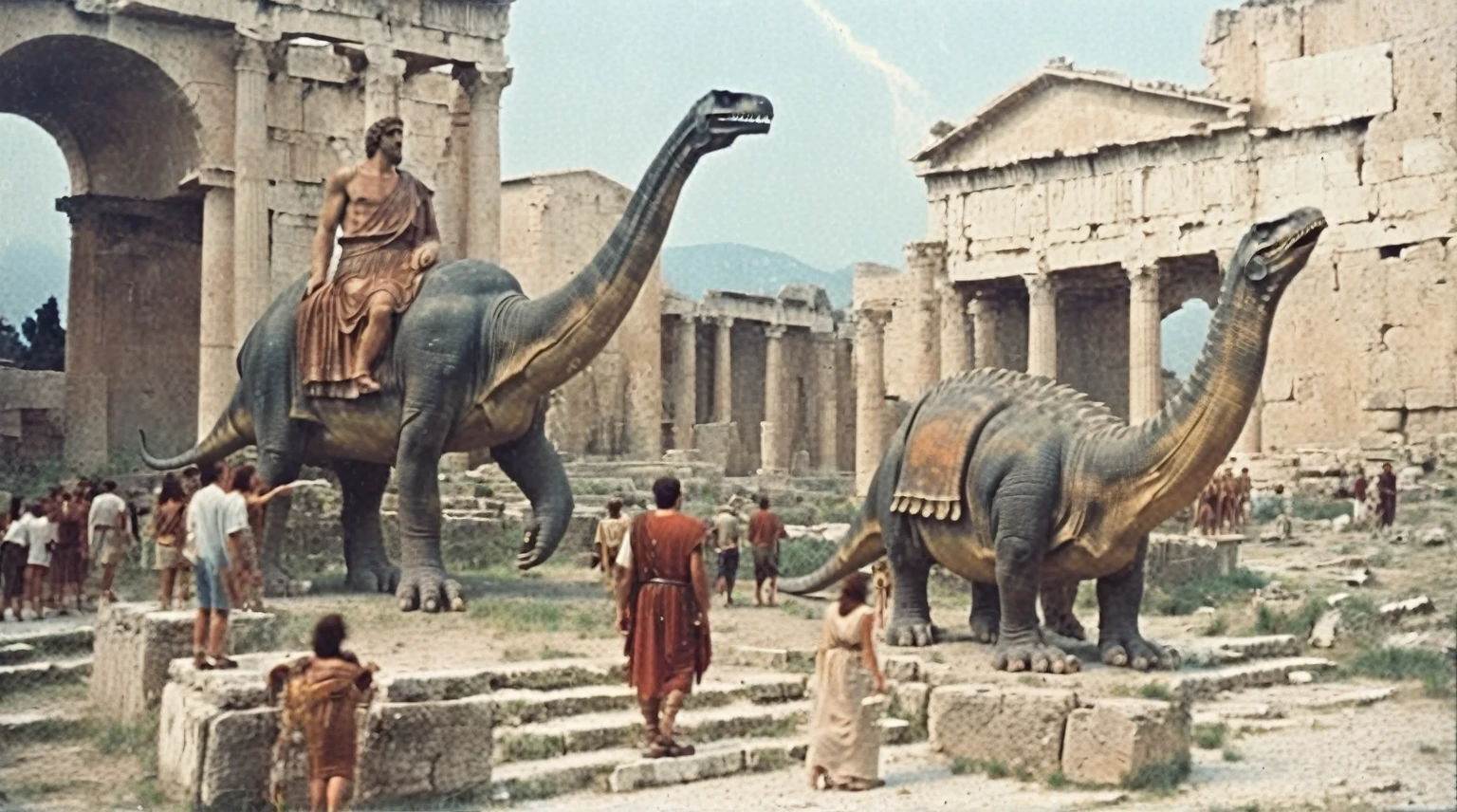 grainy old 35mm vintage, there is a large ancient roman city with dinosaurs and people, Ancient Greece Olympus Zeus-god appearing in god-ray, vast scenery