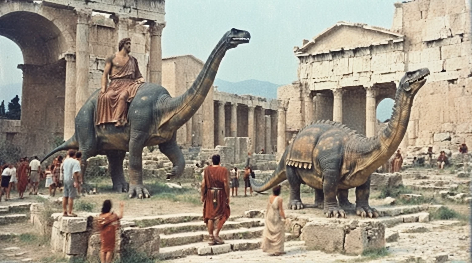 grainy old 35mm vintage, there is a large ancient roman city with dinosaurs and people, Ancient Greece Olympus Zeus-god appearing in god-ray, vast scenery