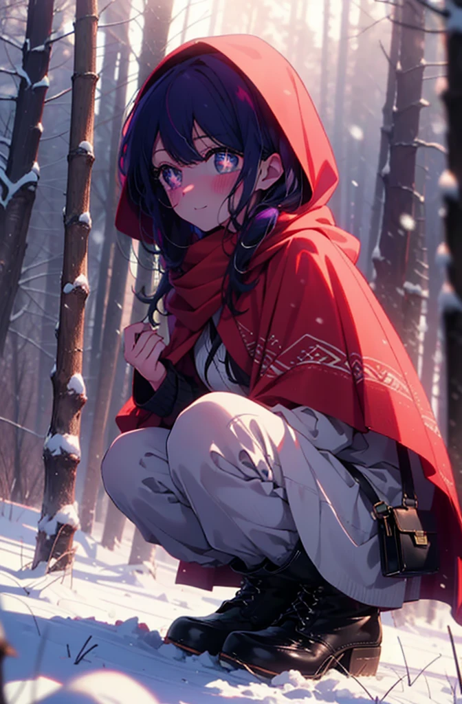 aihoshino, Ai Hoshino, Long Hair, bangs, (Purple eyes:1.1), Purple Hair, (Symbol-shaped pupil:1.5), smile,,smile,blush,White Breath,
Open your mouth,snow,Ground bonfire, Outdoor, boots, snowing, From the side, wood, suitcase, Cape, Blurred, , forest, White handbag, nature, Squat, Mouth closed, Cape, winter, Written boundary depth, Black shoes, red Cape break looking at viewer, Upper Body, whole body, break Outdoor, forest, nature, break (masterpiece:1.2), Highest quality, High resolution, unity 8k wallpaper, (shape:0.8), (Beautiful and beautiful eyes:1.6), Highly detailed face, Perfect lighting, Extremely detailed CG, (Perfect hands, Perfect Anatomy),