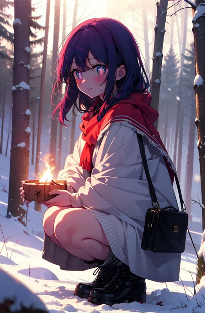 aihoshino, Ai Hoshino, Long Hair, bangs, (Purple eyes:1.1), Purple Hair, (Symbol-shaped pupil:1.5), smile,,smile,blush,White Breath,
Open your mouth,snow,Ground bonfire, Outdoor, boots, snowing, From the side, wood, suitcase, Cape, Blurred, , forest, White handbag, nature, Squat, Mouth closed, Cape, winter, Written boundary depth, Black shoes, red Cape break looking at viewer, Upper Body, whole body, break Outdoor, forest, nature, break (masterpiece:1.2), Highest quality, High resolution, unity 8k wallpaper, (shape:0.8), (Beautiful and beautiful eyes:1.6), Highly detailed face, Perfect lighting, Extremely detailed CG, (Perfect hands, Perfect Anatomy),