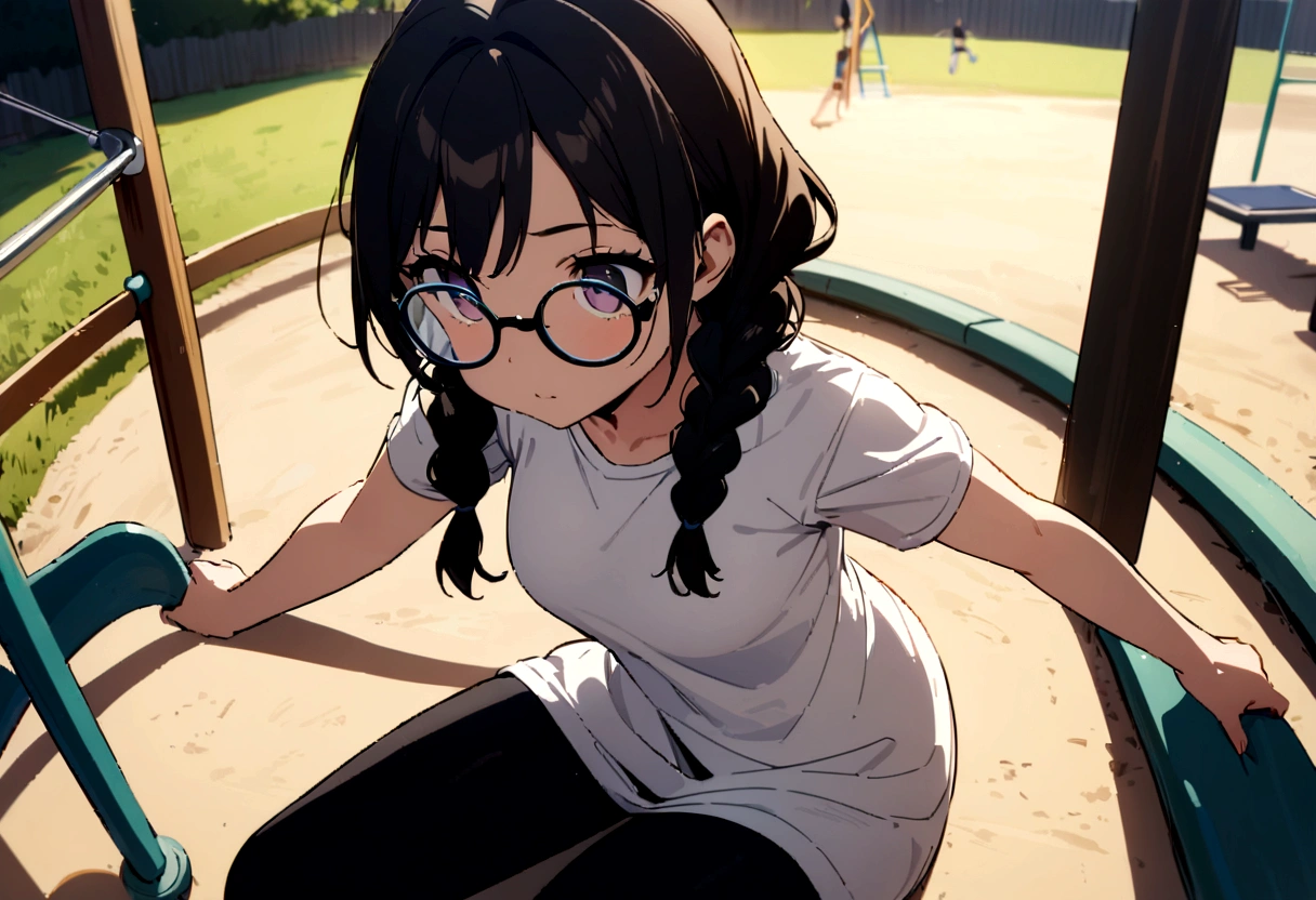 beautiful girl, hair in braids, low-vision glasses, medium and beautiful breasts, wearing a T-shirt, leggings, in the playground, best picture quality, masterpiece, lighting for the morning.