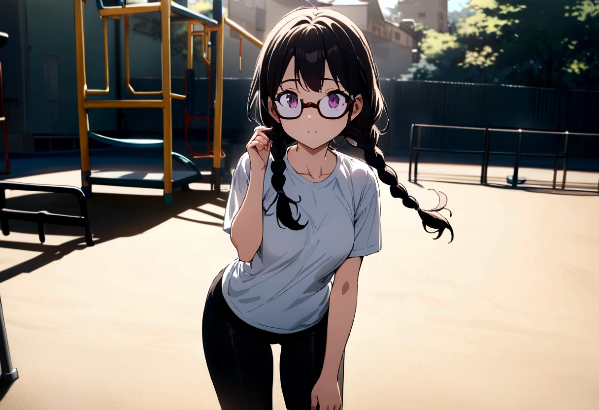 beautiful girl, hair in braids, low-vision glasses, medium and beautiful breasts, wearing a T-shirt, leggings, in the playground, best picture quality, masterpiece, lighting for the morning.