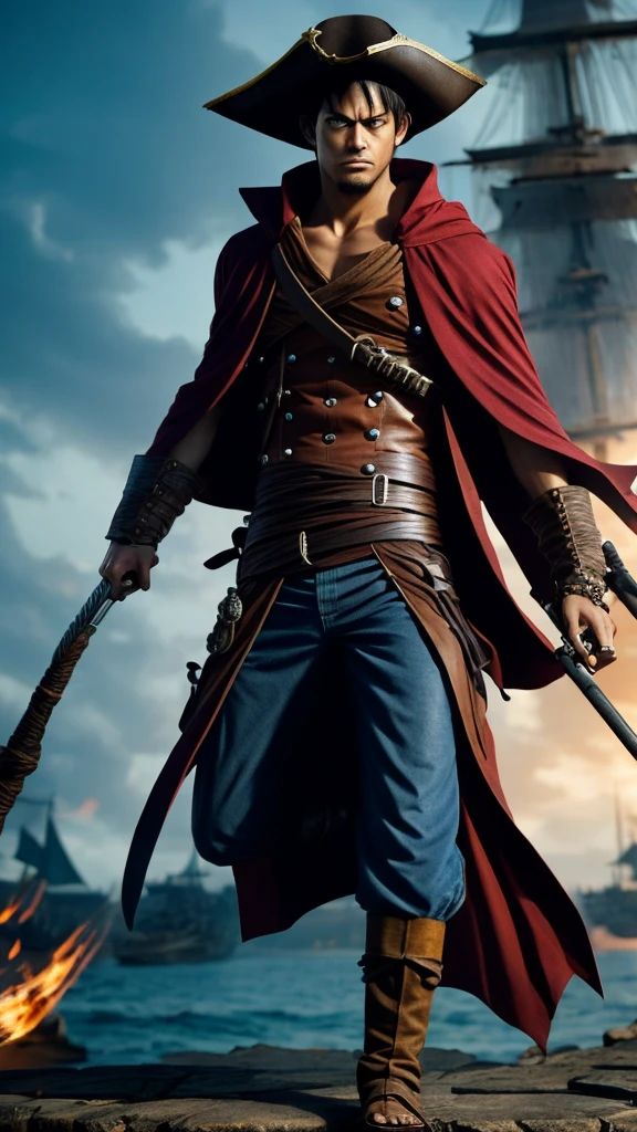 "Create an image of an assassin inspired by Monkey D. Luffy. He should wear a tattered cloak, wielding a stretchy, flexible weapon resembling a whip. His face should be partially obscured by a shadowy hood, and he should have a straw hat hanging from his neck. The background should depict a bustling pirate port."
