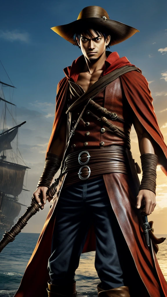"Create an image of an assassin inspired by Monkey D. Luffy. He should wear a tattered cloak, wielding a stretchy, flexible weapon resembling a whip. His face should be partially obscured by a shadowy hood, and he should have a straw hat hanging from his neck. The background should depict a bustling pirate port."