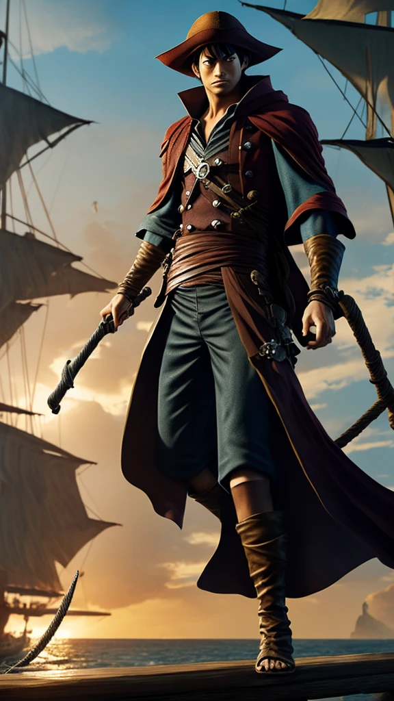 "Create an image of an assin inspired by MonD. Luffy. He should wear a tattered cloak, wielding a stretchy, flexible weapon resembling a whip. His face should be partially obscured by a shadowy hood, and he should have a straw hat hanging from his neck. The background should depict a bustling pirate port."
