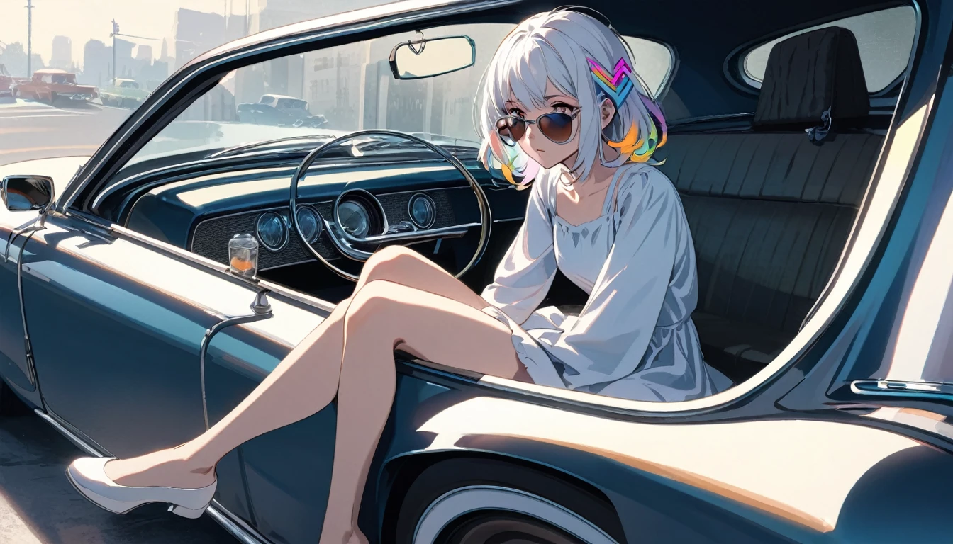 Handsome cute, Solitary, 1 female, Medium Length Hair, white hair, Rainbow hair, sunglasses eyes, Rainbow headphone, dress, Futuristic, in the morning, looking away, retro car. Bare legs