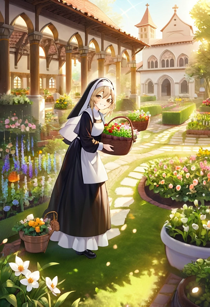 Very detailed,(((((ultra detailed face))))),best quality, 8K, (soft Light), Light, ((soft focus)),((Nuns)), Long brown hair ,almond eye, fluffy hair,((monastery)),((gardening,garden)),((Cultivation)),Flower basket,full body,elegant, Comfortable, Trending on artstart,((milky pastel theme)), illuminate warmly, big smile,((happiness)),make up,thank you!