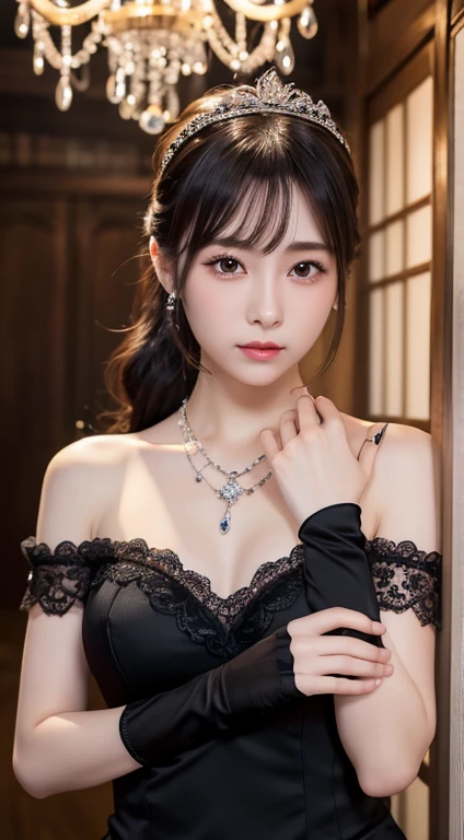 Best image quality、8K、Ultra-high resolution:1.5、Japanese、Delicate eyes、Sensitive face、Attractive face、Japanese、woman、ponytail、Scrunchie、chandelier、whole body、Black Dress、tiara、necklace、Long black lace gloves