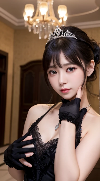 Best image quality、8K、Ultra-high resolution:1.5、Japanese、Delicate eyes、Sensitive face、Attractive face、Japanese、woman、ponytail、Scrunchie、chandelier、whole body、Black Dress、tiara、necklace、Long black lace gloves